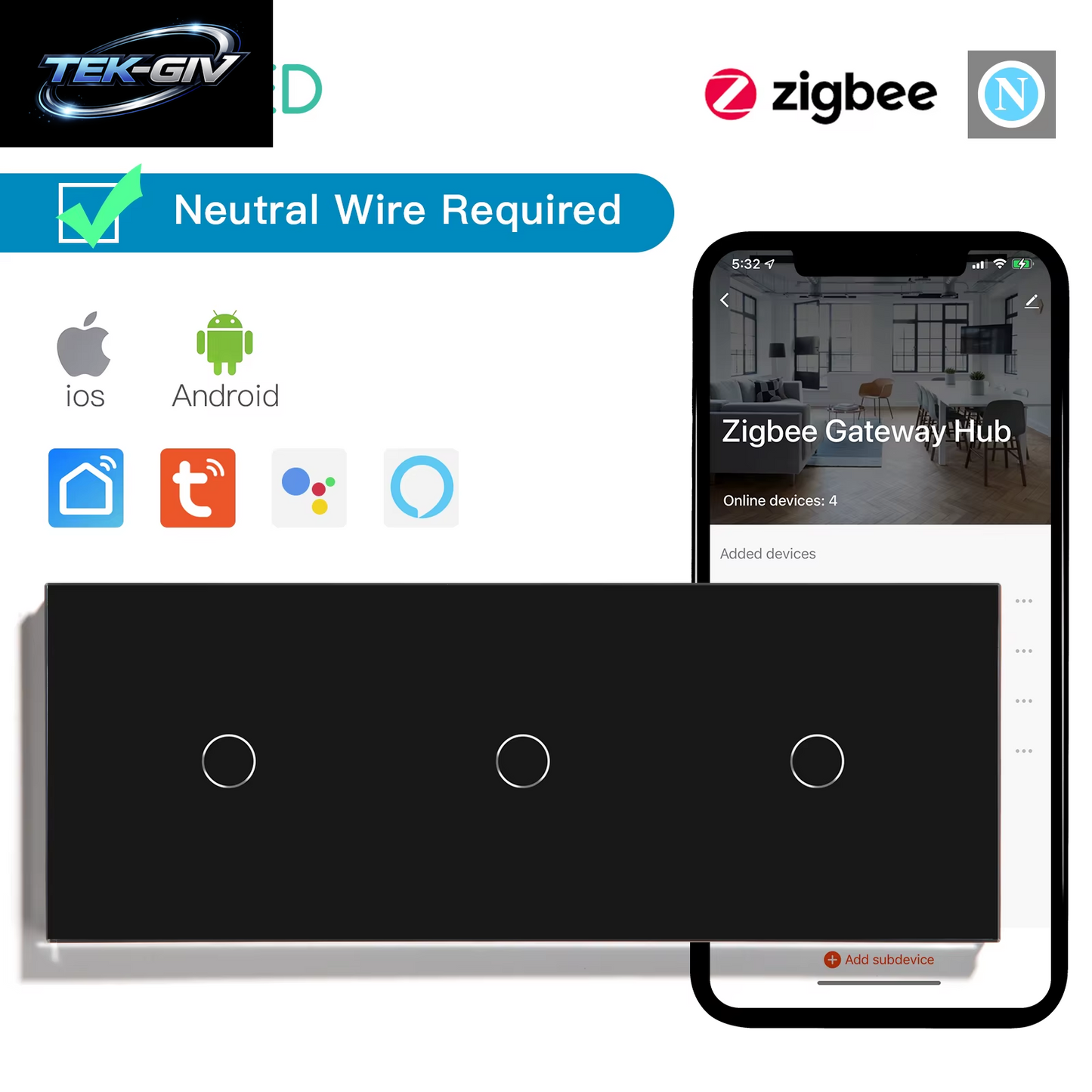 BSEED 1/2/3Gang Zigbee Wand-Touch-Schalter plus Eu-Steckdosen Doppelte Dreifach-Lichtschalter Tuya Smart Life App Neutral Erforderlich
