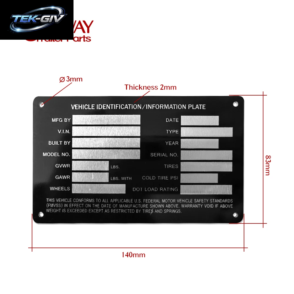 Heavy Duty Aluminium Blank Trailer Truck Equipment Rahmenplatte Serielles Modell ID Tag GVWR Pulverbeschichtetes Finish RV Teile Zubehör