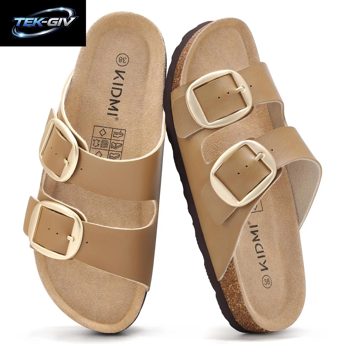 Litfun Damen Kork-Sandalen: Bequeme Leder-Pantoletten Mit Fußgewölbestütze Für Sommer Und Strand, Mit Verstellbarer Schnalle