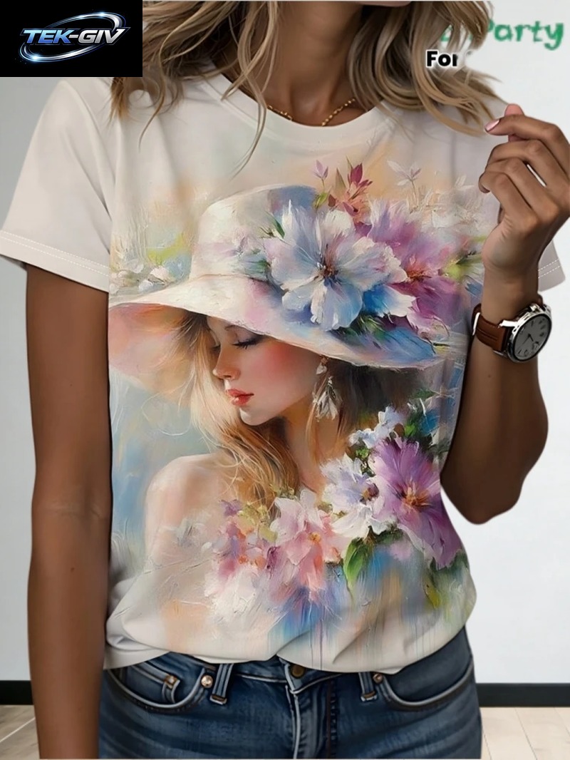 2026 Frühling Sommer Süßes Mädchen-Motiv T-Shirt Locker Sitzend Damen Lässig Lustige Grafik Streetwear Bequeme Kurzarm Damenbekleidung