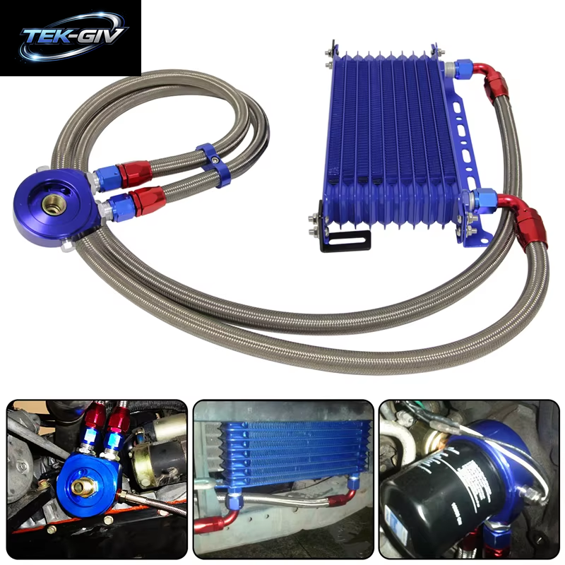 AN10 10-Reihiger 262 Mm Universeller Motor-Getriebeölkühler Mit Halterung + Aluminium-Filterschlauchend-Kit Blau/Schwarz Für 350Z 4G63
