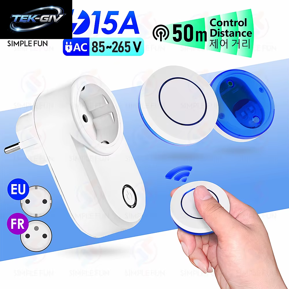 Drahtlose Fernbedienungssteckdose 220 V 110 V EU FR Smart Plug, 50 M Reichweite, Steckdose 15 a Für Haushaltsgeräte-Lichtventilator