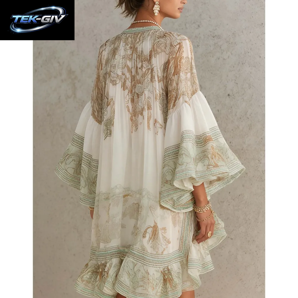 Modisches Bedrucktes Chiffon-Trompetenkleid Mit Langen Ärmeln Für Damen, Frühling Sommer Neues Elegantes Strandkleid Für Urlaub, Locker Geschnittenes Kleid 2026