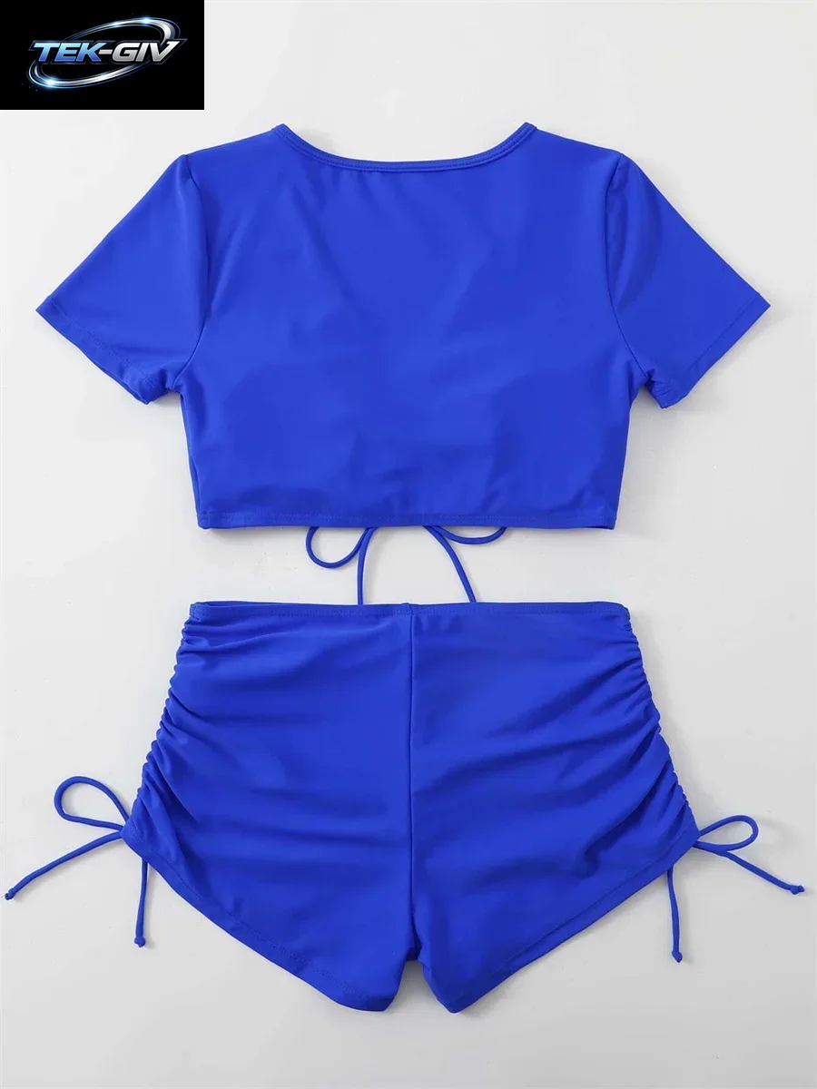 Sexy Bikini-Set Mit Kordelzug 2026 Damen Grün Schwarz Kurzarm Zweiteiliger Badeanzug Sommer Bademode Plissierter Hochgeschnittener Badeanzug