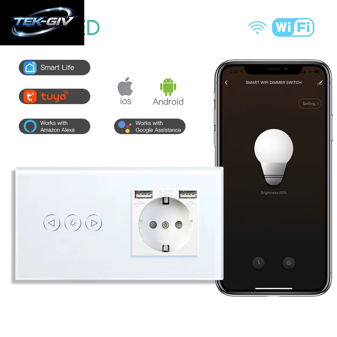 BSEED Wifi Dimmer Schalter 1Gang Smart Touch Schalter up down Tuya Smart Leben Alexa App Mit EU Steckdose Typ-C USB Ports