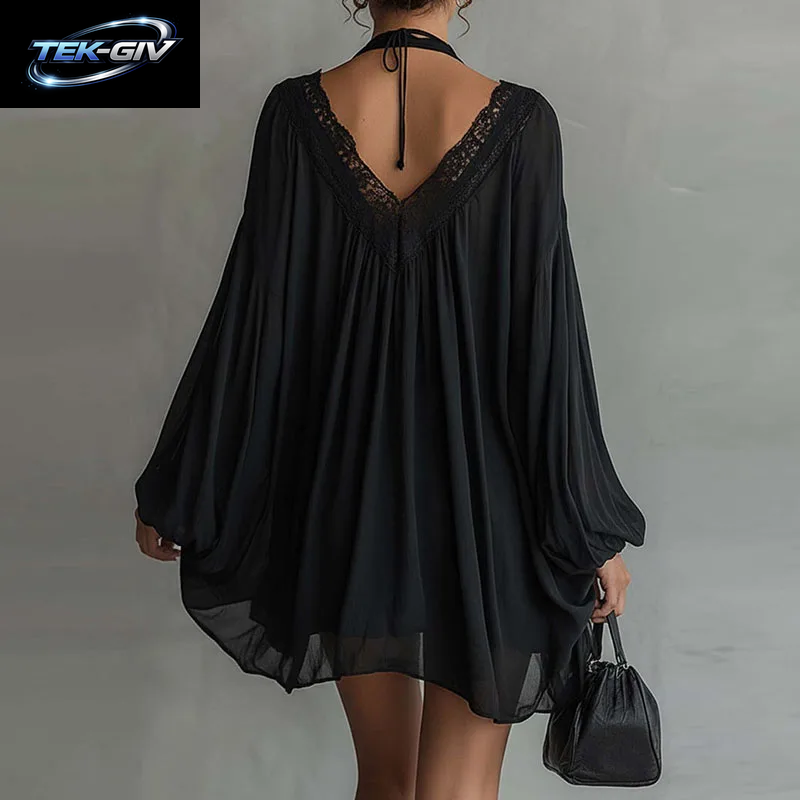 Damen-Minikleid Mit Spitzenbesatz, Tiefem V-Ausschnitt Und Neckholder, Einfarbig, Mit Langen Puffärmeln, Locker Fallendes, Fließendes Kleid, Strand-Cover-Up, Boho-Urlaubskleid, Kurze Kleider