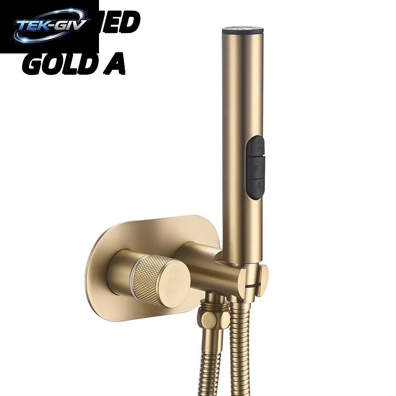 Gebürsteter Gold-Bidet-Wasserhahn, Messing-Duscharmatur, Waschtischmischer, Kalt- Und Warmwassermischer, Quadratischer Duschbrausekopf, Wc-Armaturen