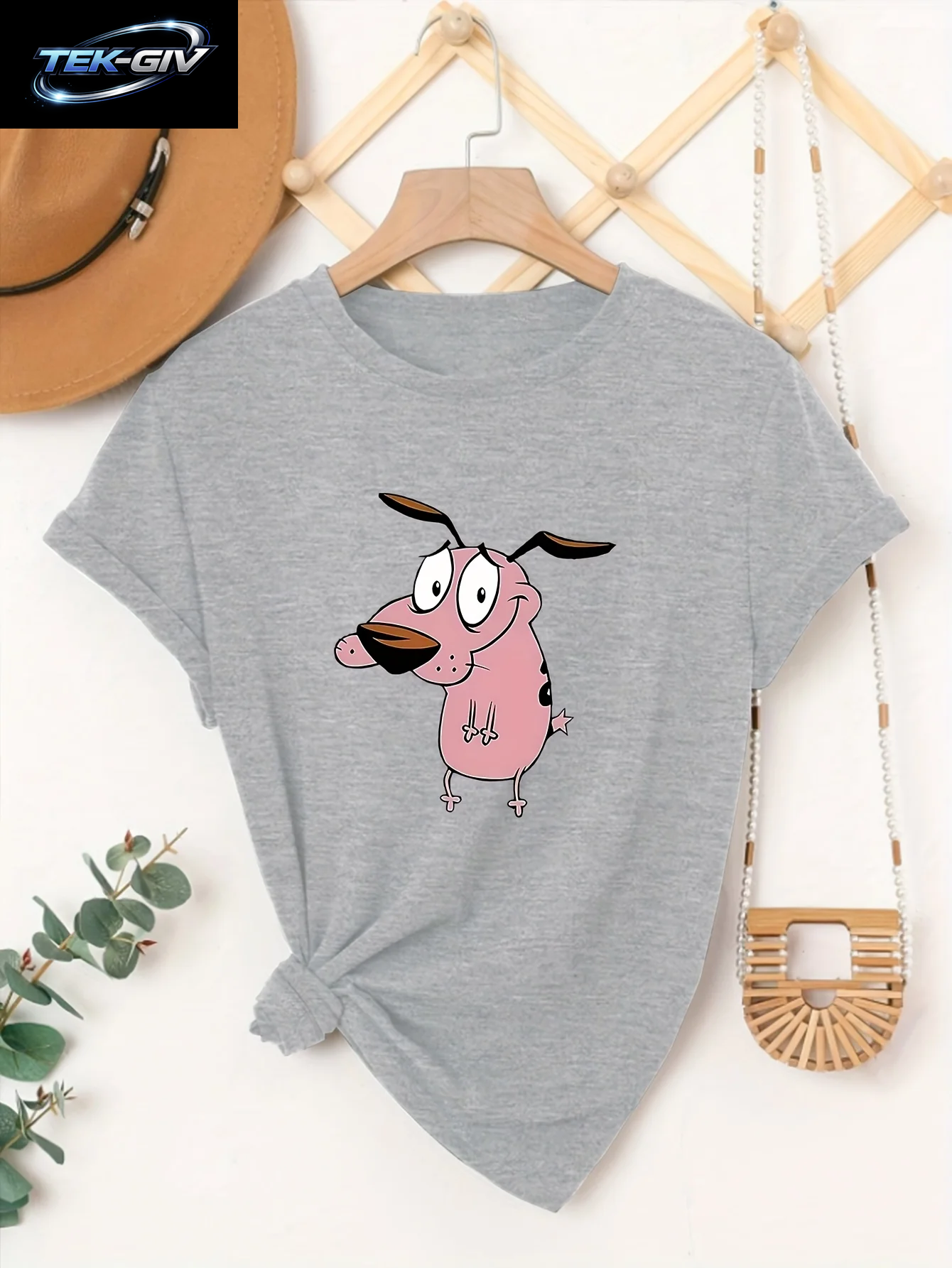 Damen-T-Shirt „Courage the Cowardly Dog“, Kreativ Bedruckt, Für Den Sommer, Rundhalsausschnitt, Kurzärmelig, Lässiges Oberteil, T-Shirt-Kleidung