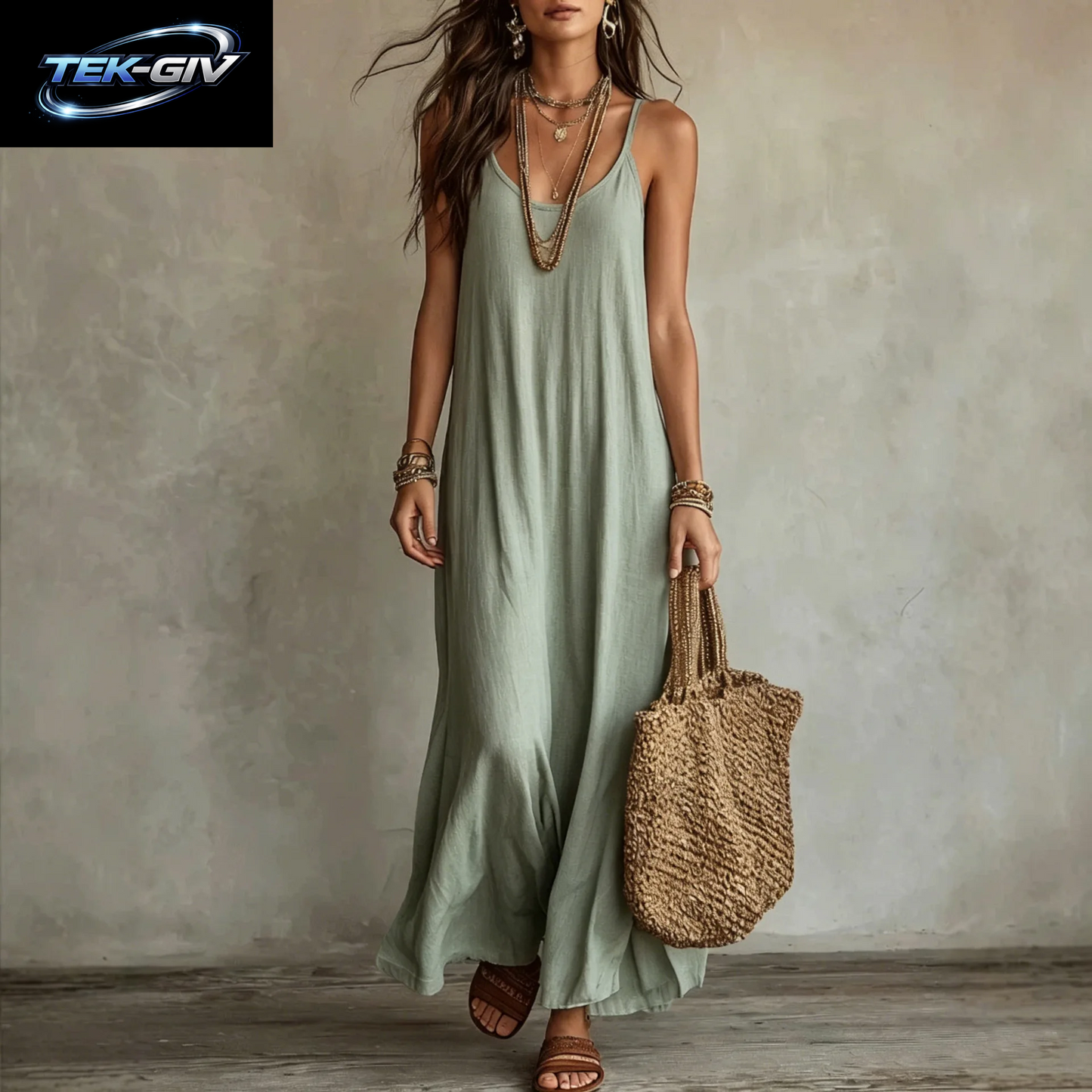 Rückenfreie Cami-Kleider Sommer Damen Boho-Kleid Spaghetti-Träger Ärmellos Lässiges Maxikleid Langes Sommerkleid Urlaubs-Strandkleidung