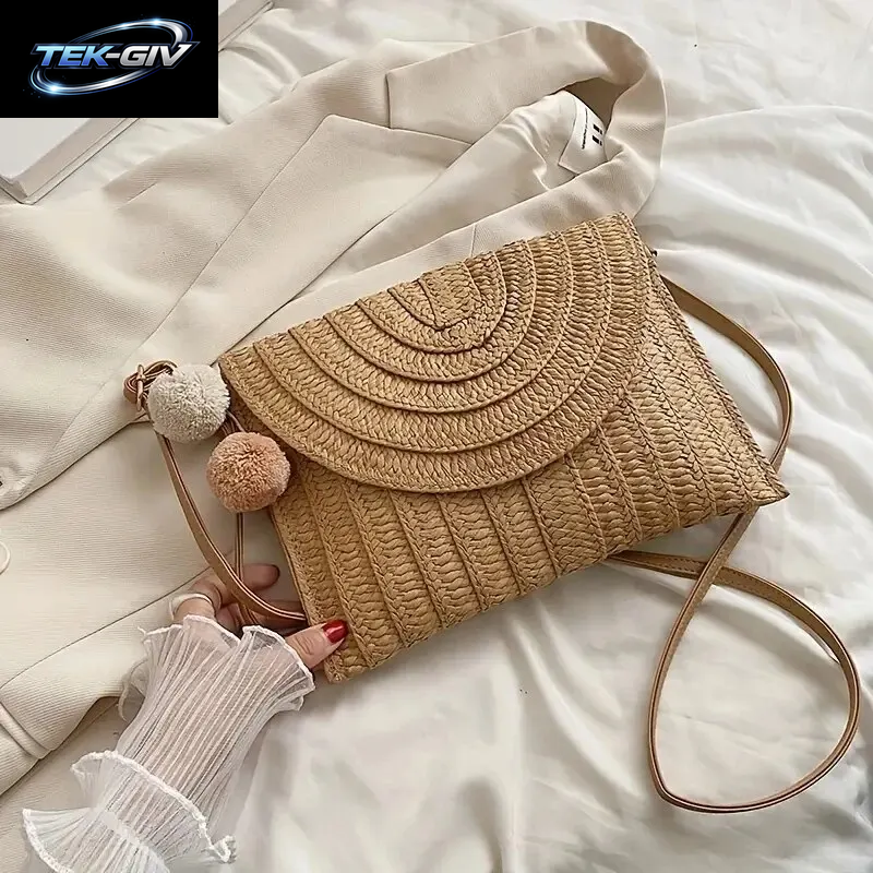 Handgemachte Stroh Strand Schulter Umhängetasche Mädchen Umschlag Gewebt Sommer Kleine Haar Ball Clutch