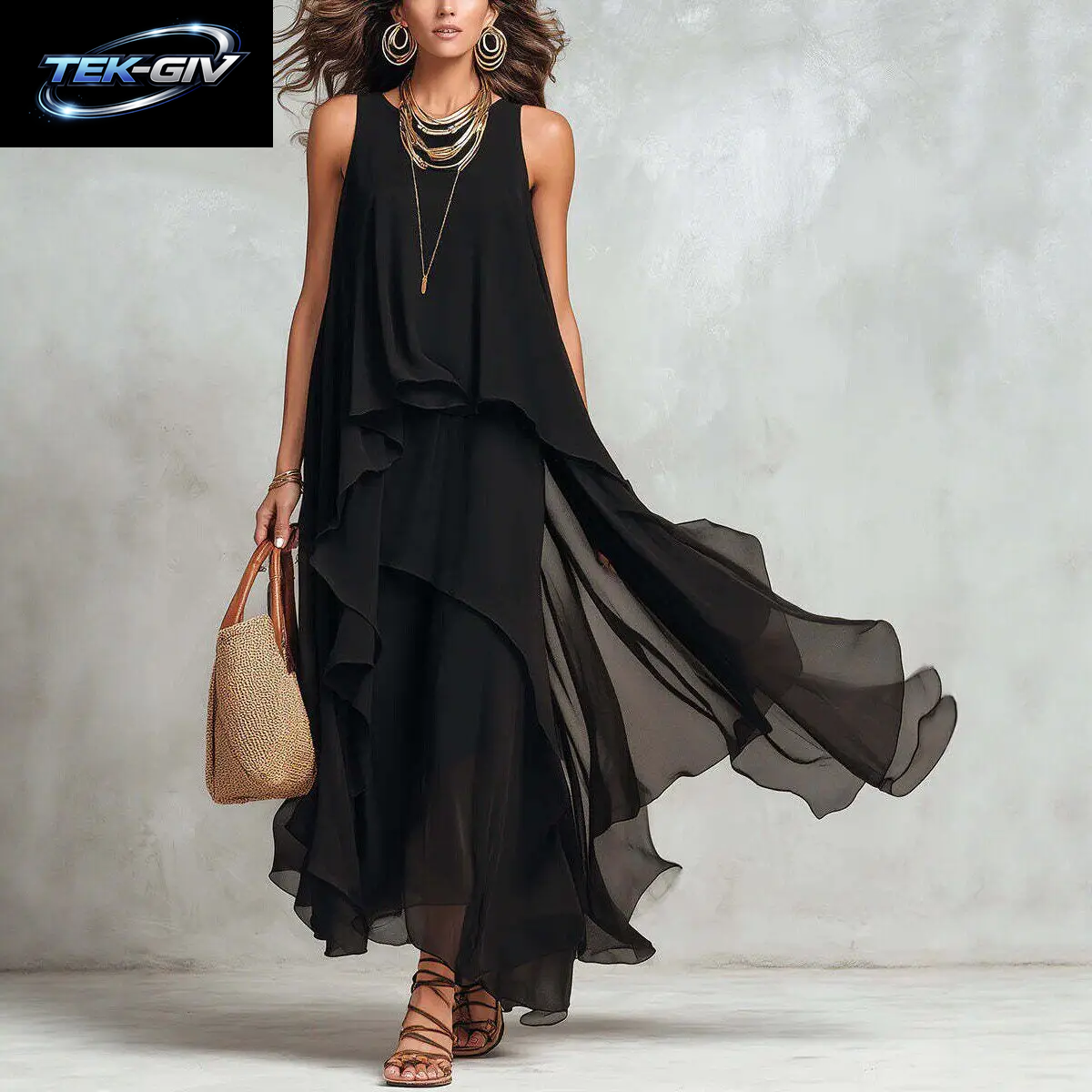 Elegantes Einfarbiges Damenkleid Sommerliches Lässiges O-Ausschnitt Ärmelloses Asymmetrisches Rüschen-Maxikleid Aus Chiffon Für Urlaub Und Partys