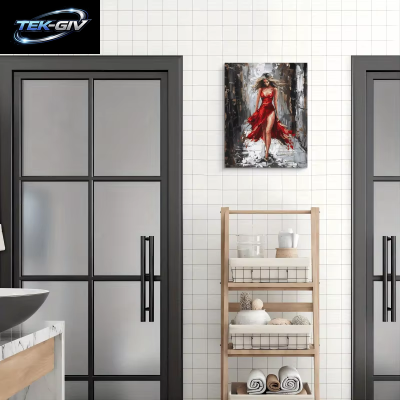 1 Stück Holzgerahmtes Leinwand-Ölgemälde – Elegante Frau Im Roten Kleid, Klassenzimmer Oder Wanddekoration, Bürokunstwerk, Lebendige Wandkunst