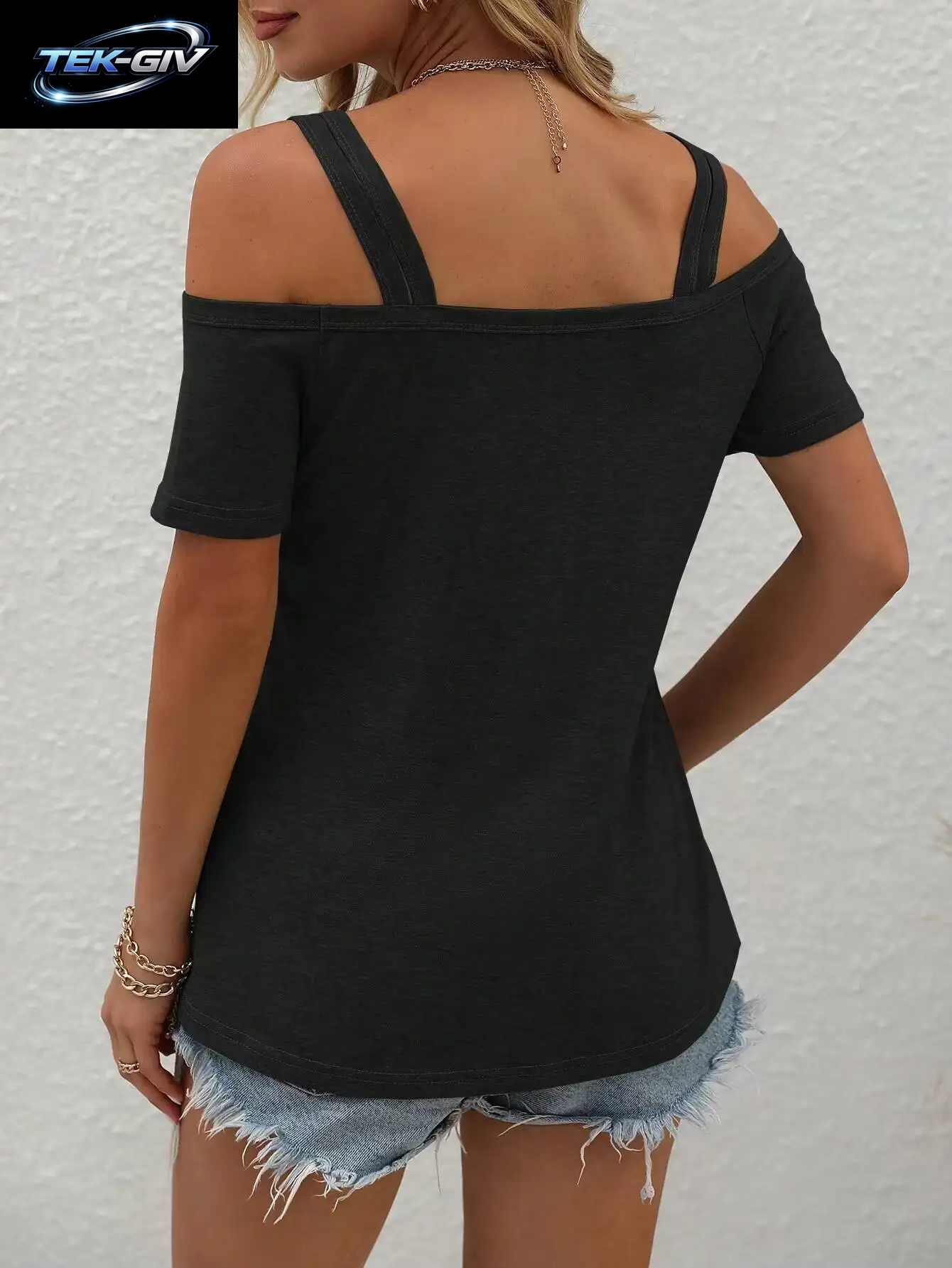 Damen T-Shirt Frühling Sommer Schwarz Cold-Shoulder Doppelriemen Ausschnitt-Kragen Kurzarm Valentinstag Lässiges Sexy Alltags-Oberteil