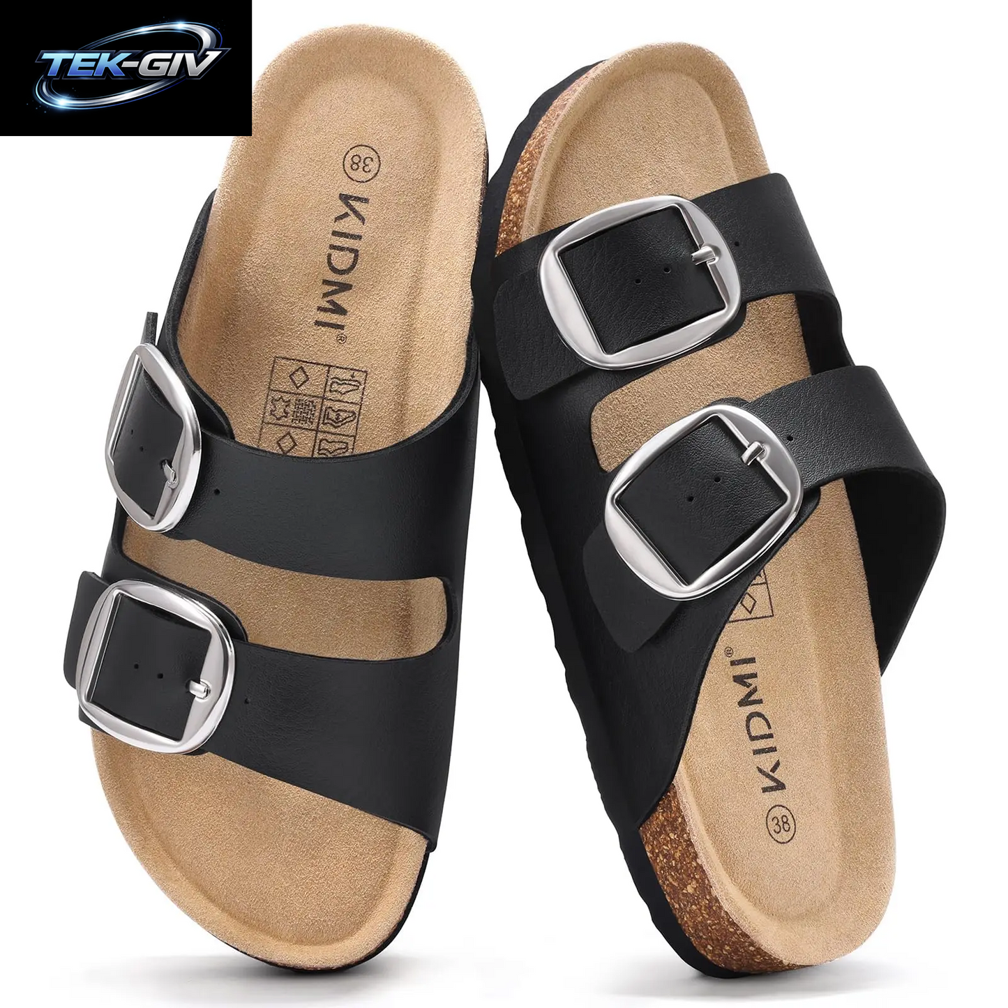 Litfun Damen Kork-Sandalen: Bequeme Leder-Pantoletten Mit Fußgewölbestütze Für Sommer Und Strand, Mit Verstellbarer Schnalle