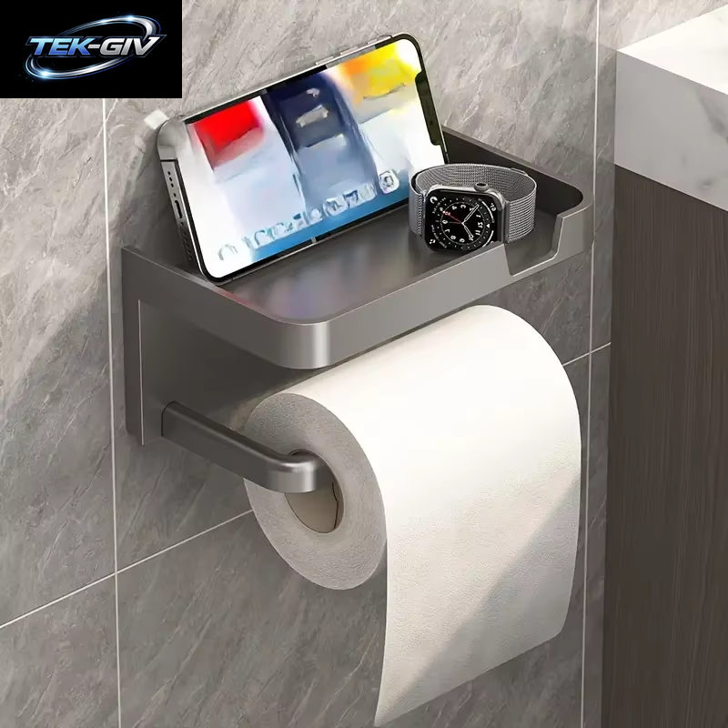 1 Packung an Der Wand Montierter Toiletten Papier Halter Ohne Bohrer Mit Regal Und Telefon Halter, Polypropylen-Material, Taschentuch Rolle Für Badezimmer