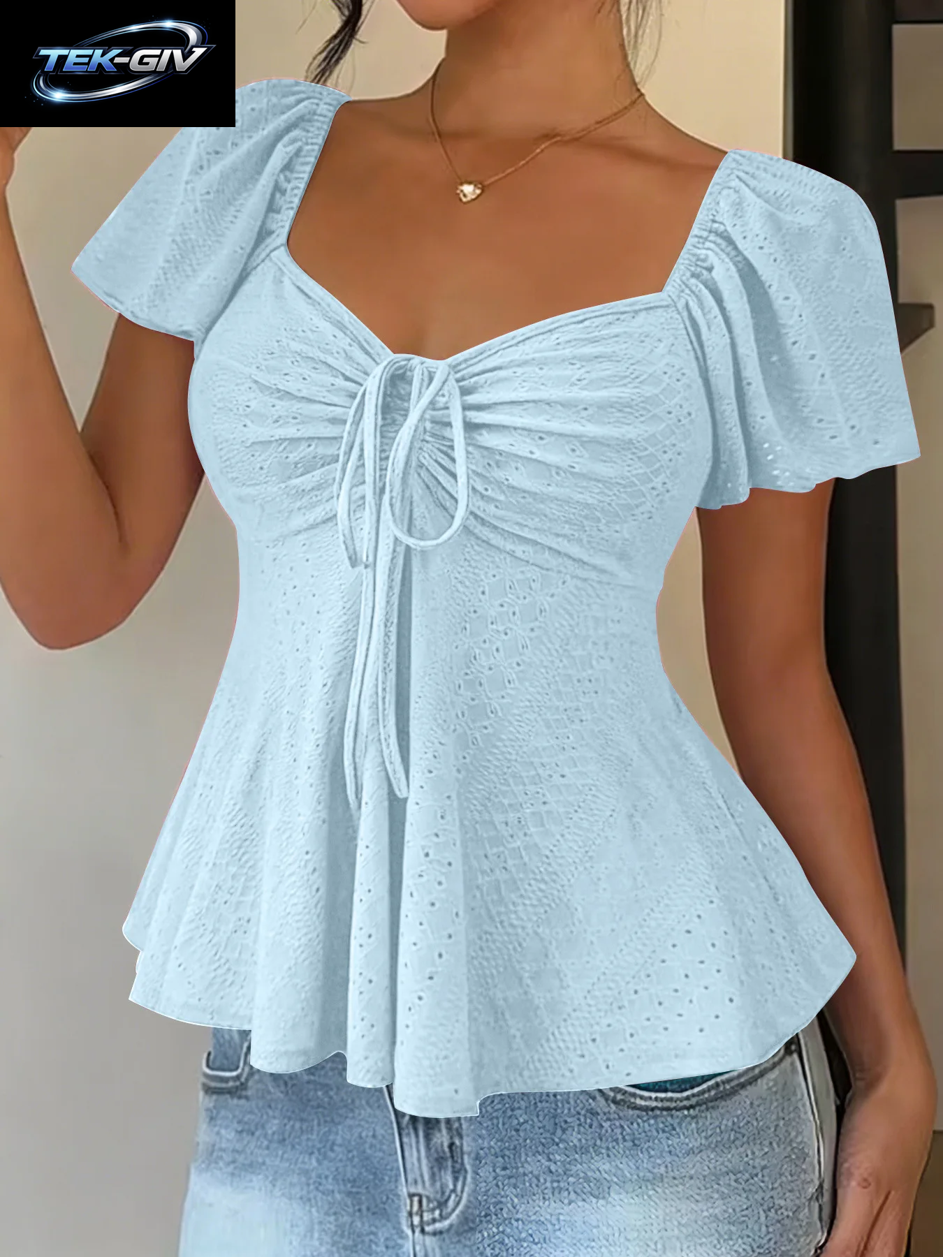 2026 Frauen Y2K Sommer Tops V-Ausschnitt Kordelzug Sexy Spitze up Kurzarm Einfarbig Shirts Weibliche Elegante Casual Mode Blusen