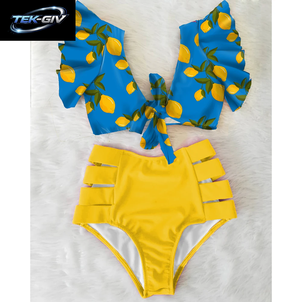 2026 High-Waist Bandage Bikini-Set Für Damen Mit Blumenmuster, Rüschen, Push-Up Und Riemchen – Brasilianischer Biquini Badeanzug