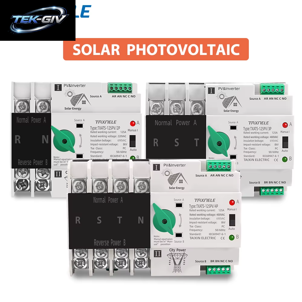 2P 3P 4P Din-Schiene ATS PV Inverter Dual Power Automatische Transfer Wahlschalter Unterbrechungsfreie 63A 100A 125A Photovoltaik Solar