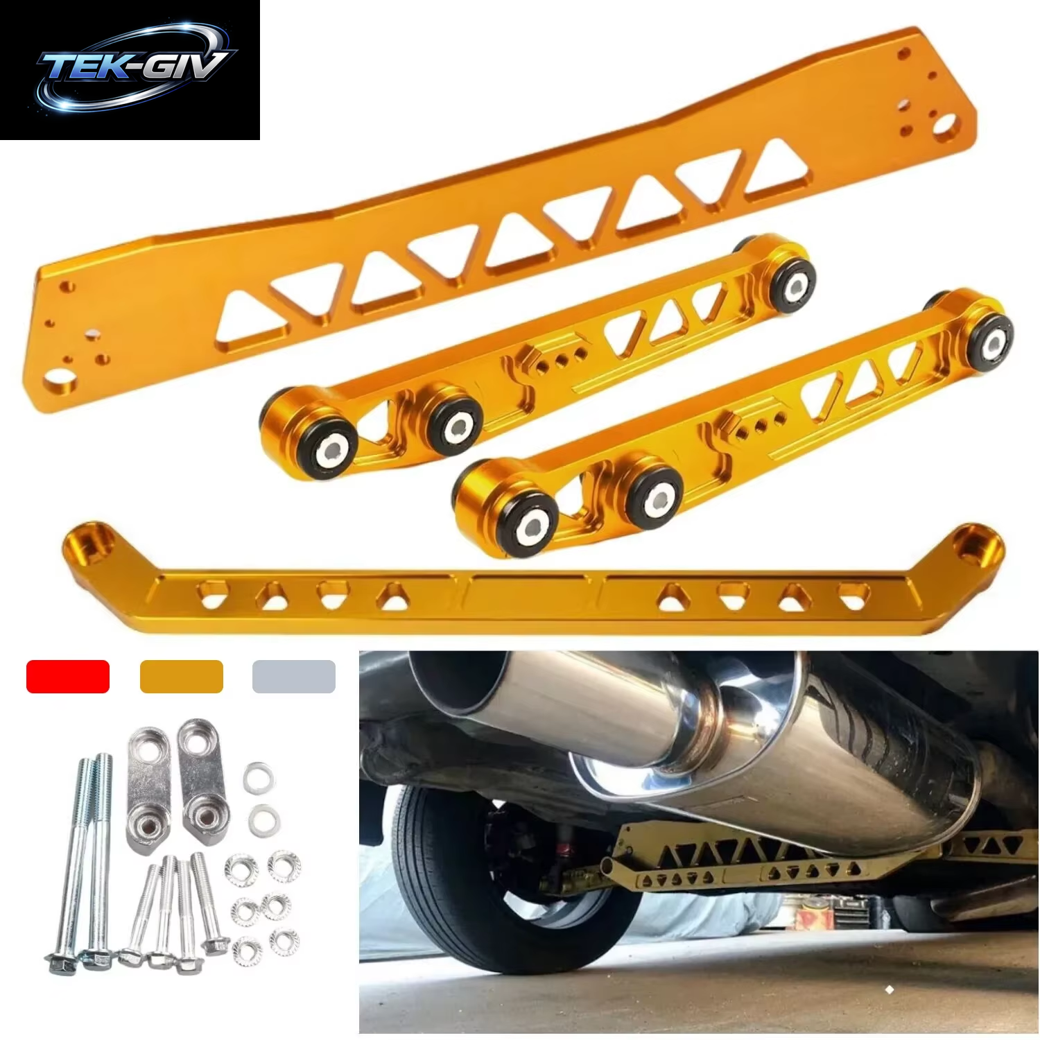 Billet Aluminium HINTERER SUBFRAME BRACE + SPURENSTANGE + Hinterer Unterer Querlenker Für Honda Civic EG 92-95 Gold Rot Silber