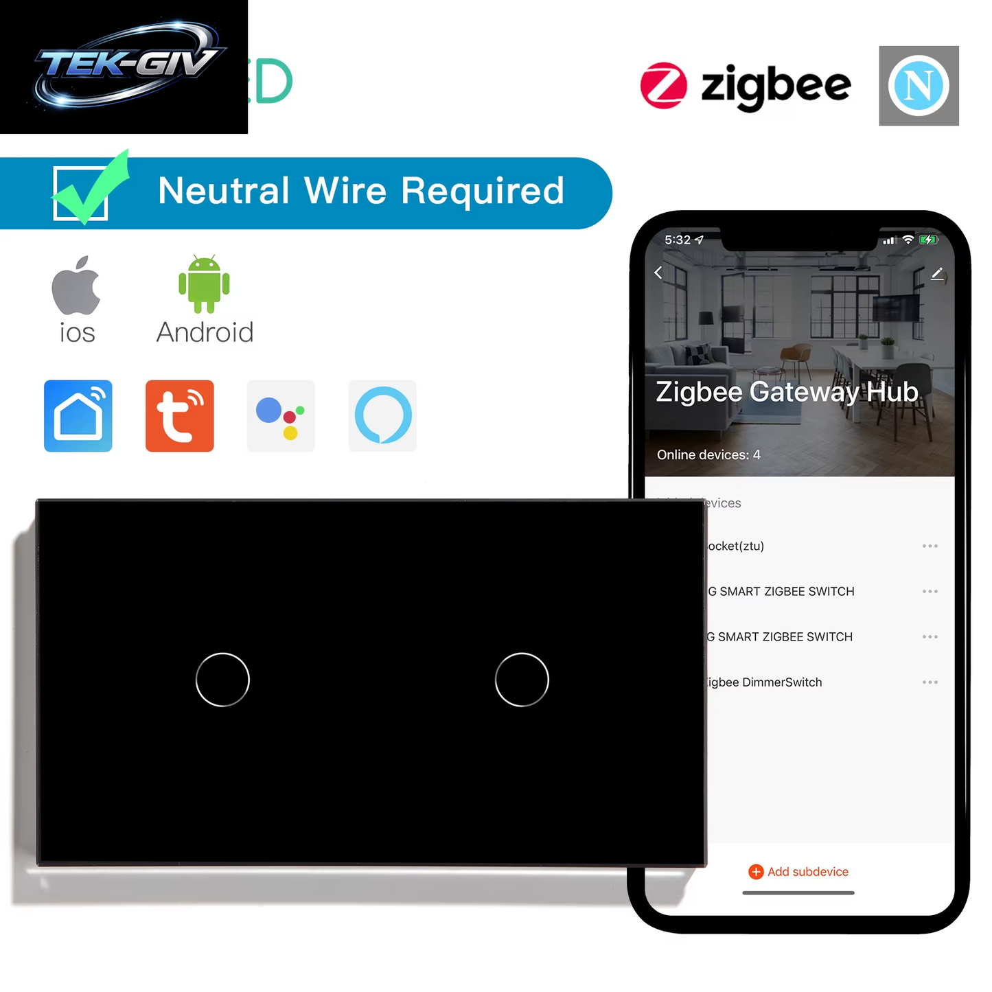 BSEED 1/2/3Gang Zigbee Wand-Touch-Schalter plus Eu-Steckdosen Doppelte Dreifach-Lichtschalter Tuya Smart Life App Neutral Erforderlich