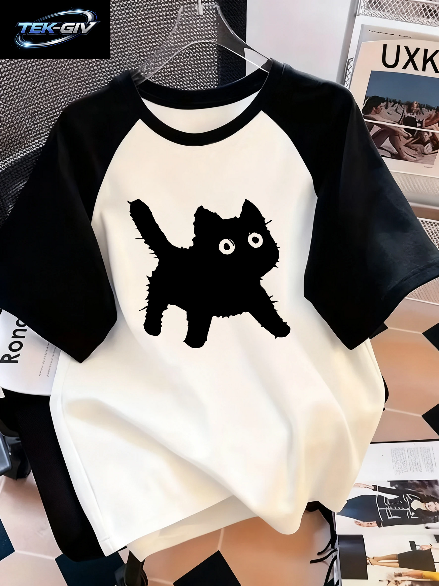 Kawaii T-Shirt Retro Schwarze Katze Brief Drucken Rundhals T-Shirt Lässiges Kurzarm Top Für Frühling Sommer Damenbekleidung