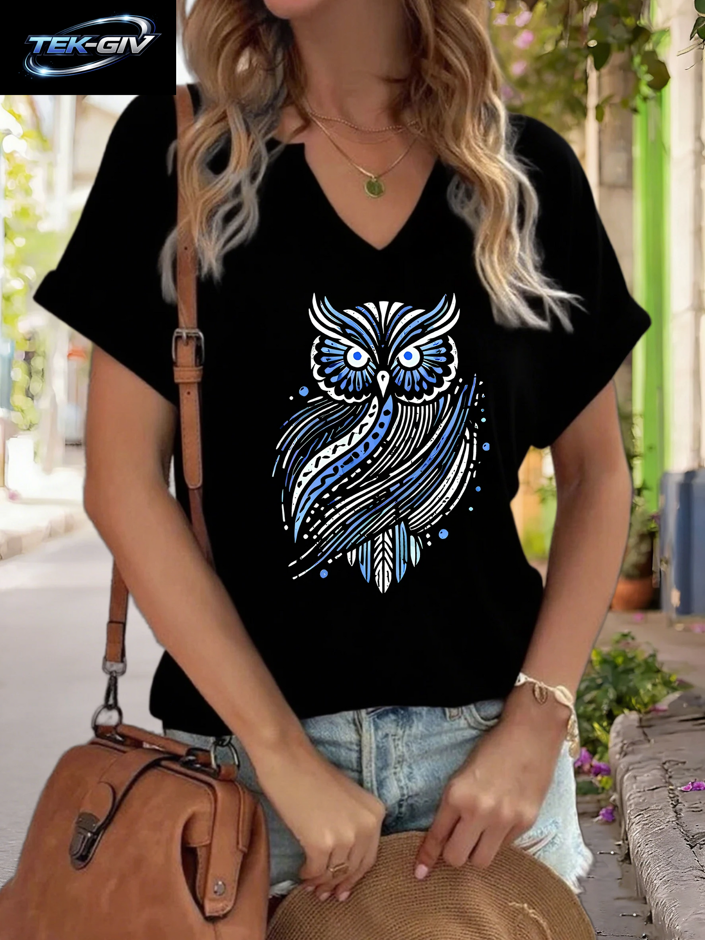 Damen-T-Shirt Mit V-Ausschnitt Und „Golden Tribal Owl“-Grafik, Boho-Tiermuster, Lässiges, Kurzärmliges Bohemian-Oberteil, Weiche Baumwolle Für Den Alltag