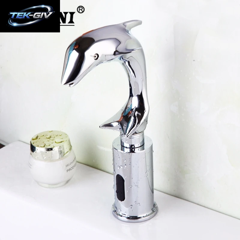 OUBONI Chrome Polnischen Waschen Becken Sinn Armaturen Automatische Sensor Hand Freies Delphin Bad Becken Waschbecken Wasserhahn Chrome Mischbatterie