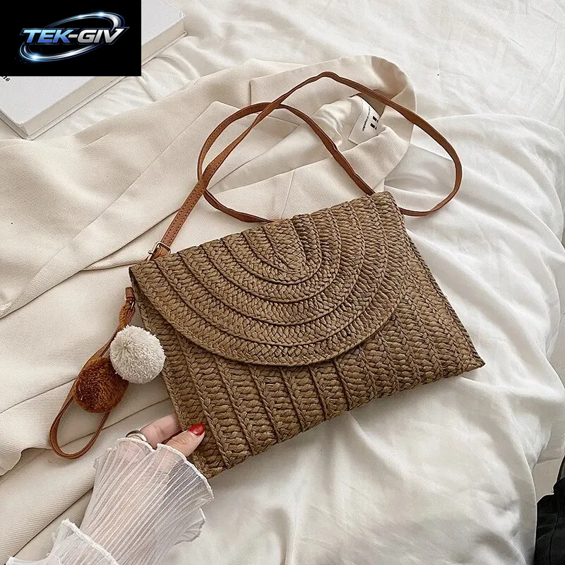 Handgemachte Stroh Strand Schulter Umhängetasche Mädchen Umschlag Gewebt Sommer Kleine Haar Ball Clutch