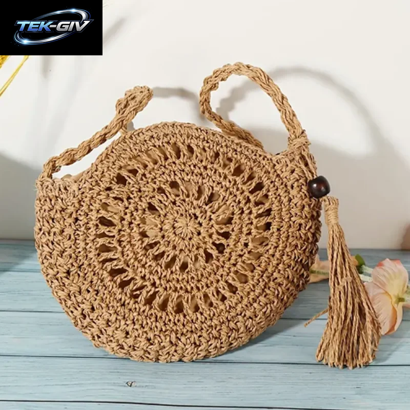 Mode Aushöhlen Schulter Taschen Casual Stroh Umhängetasche Kleine Runde Tasche Geldbörse Quaste Messenger Handtaschen Bolsa Feminina