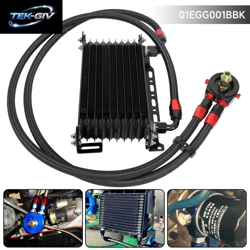 AN10 10-Reihiger 262 Mm Universeller Motor-Getriebeölkühler Mit Halterung + Aluminium-Filterschlauchend-Kit Blau/Schwarz Für 350Z 4G63