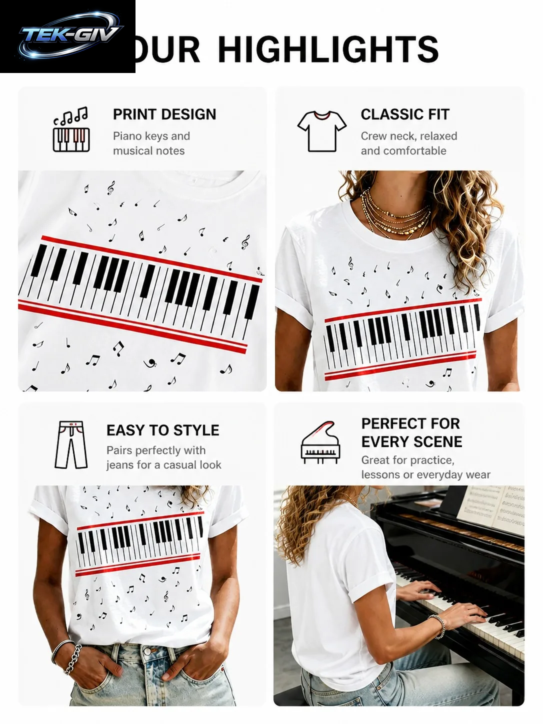 Ilstile Damen-T-Shirts Mit Klavier-Musiknoten-Aufdruck, Sommer, Kurzärmelig, Lässig, Rundhalsausschnitt, Retro-Fan-Favorit-T-Shirts, NEU