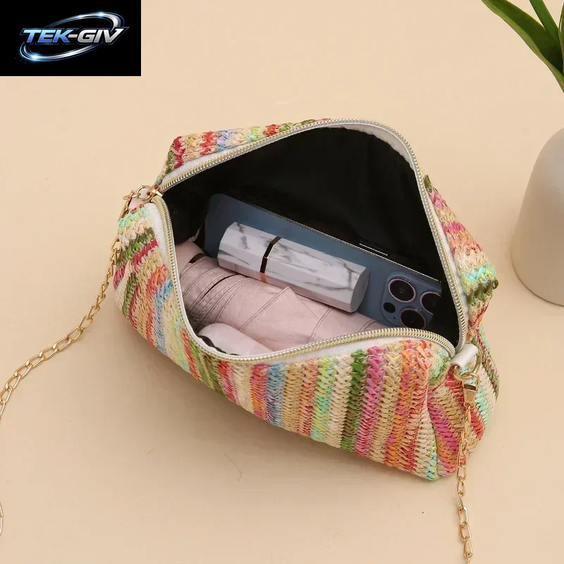 Rattan Stricken Frauen Stroh Tasche Strand Sommer Kette Kleine Geldbörse Und Handtasche Weibliche Schulter Umhängetaschen Reise Design Flap Bag