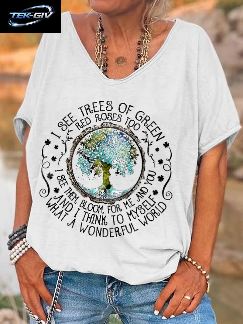 Ilstile Damen-T-Shirt Mit V-Ausschnitt, Hippie-Print „What a Wonderful World“, Sommer-Kurzarm-T-Shirt Für Damen, Oberteile, Lässige T-Shirts