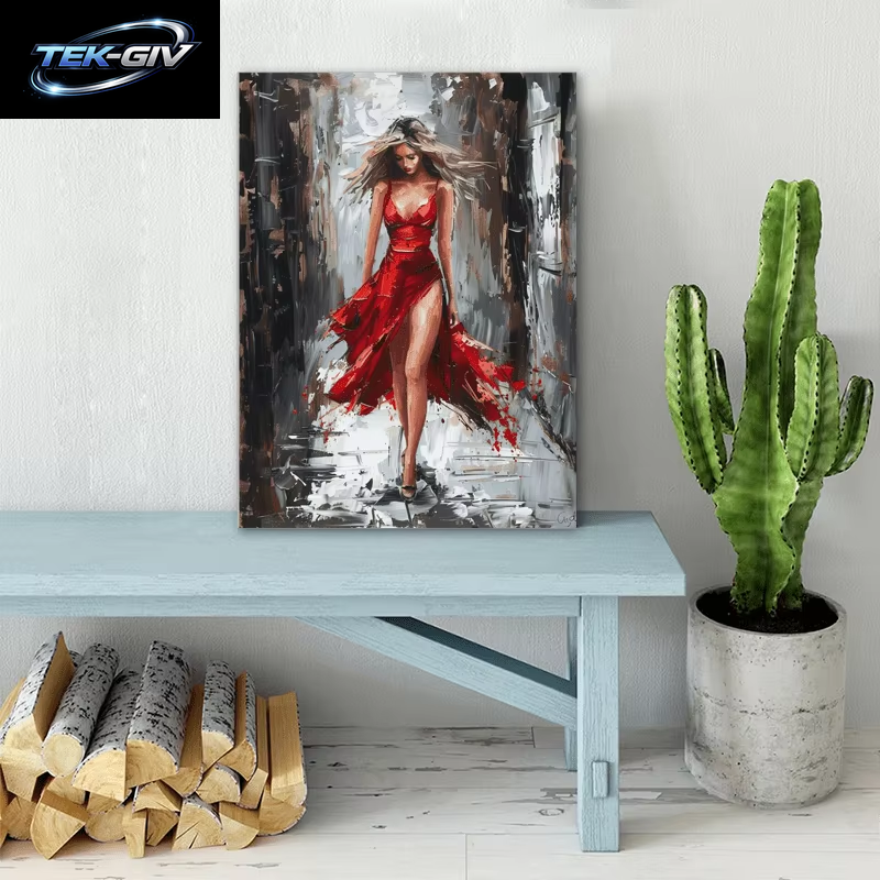 1 Stück Holzgerahmtes Leinwand-Ölgemälde – Elegante Frau Im Roten Kleid, Klassenzimmer Oder Wanddekoration, Bürokunstwerk, Lebendige Wandkunst