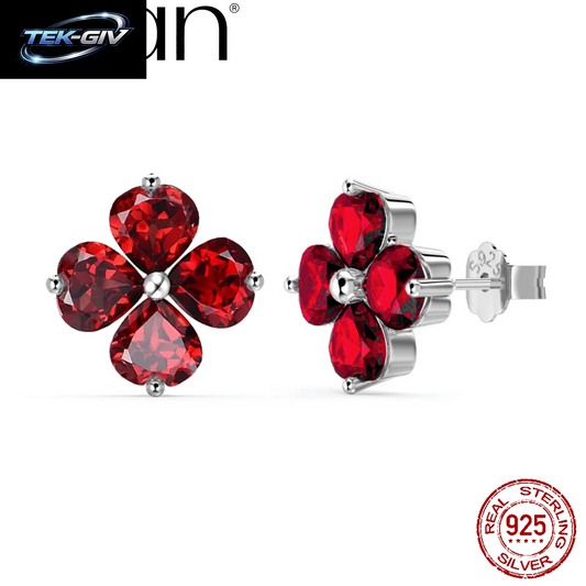 OZAN S925 Sterling Silber Granat-Ohrstecker Glücksklee Modischer Trendiger Damen-Edelsteinschmuck Jubiläums- Und Geburtstagsgeschenk