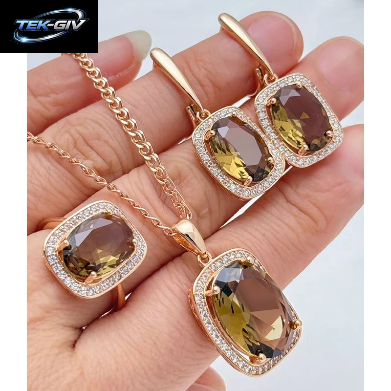 Kinel Heißer Oval Braun Natürlichen Zirkon Ring Ohrringe Halskette Für Frauen Mode 585 Rose Gold Farbe Vintage Hochzeit Schmuck Sets