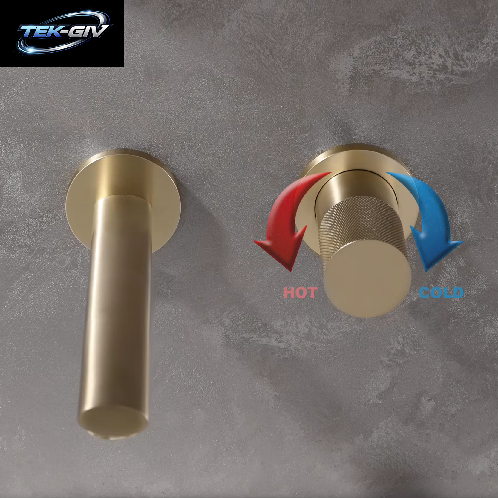 Luxuriöser, an Der Wand Montierter Badezimmerhahn Aus Gebürstetem Goldmessing Mit Einstellbarem Wasservolumen. Eingebettetes Design Für Warm- Und Kaltwasser-Waschtischarmaturen