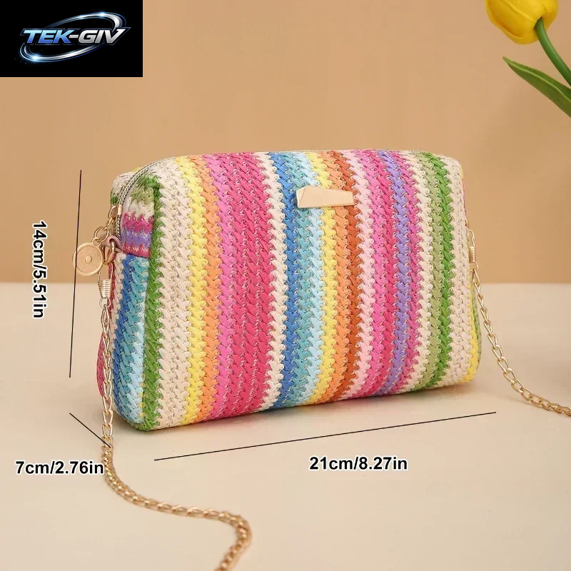 Rattan Stricken Frauen Stroh Tasche Strand Sommer Kette Kleine Geldbörse Und Handtasche Weibliche Schulter Umhängetaschen Reise Design Flap Bag