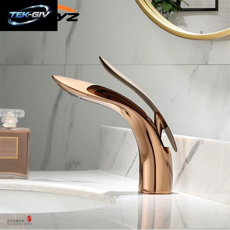 Becken Armaturen Moderne Rose Gold Bad Wasserhahn Wasserfall Einzigen Loch Kalt-Und Warmwasser Hahn Waschbecken Wasserhahn Mischer Wasserhähne XT-423