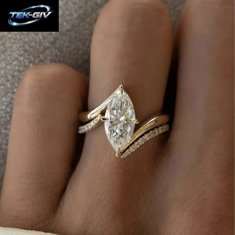 TFGLBU D-Farbe 3CT Marquise-Schliff Moissanit-Ringset Für Damen, Hochzeitsantrag, Labor-Diamant, Massives S925 Silber, 18K Vergoldeter Schmuck