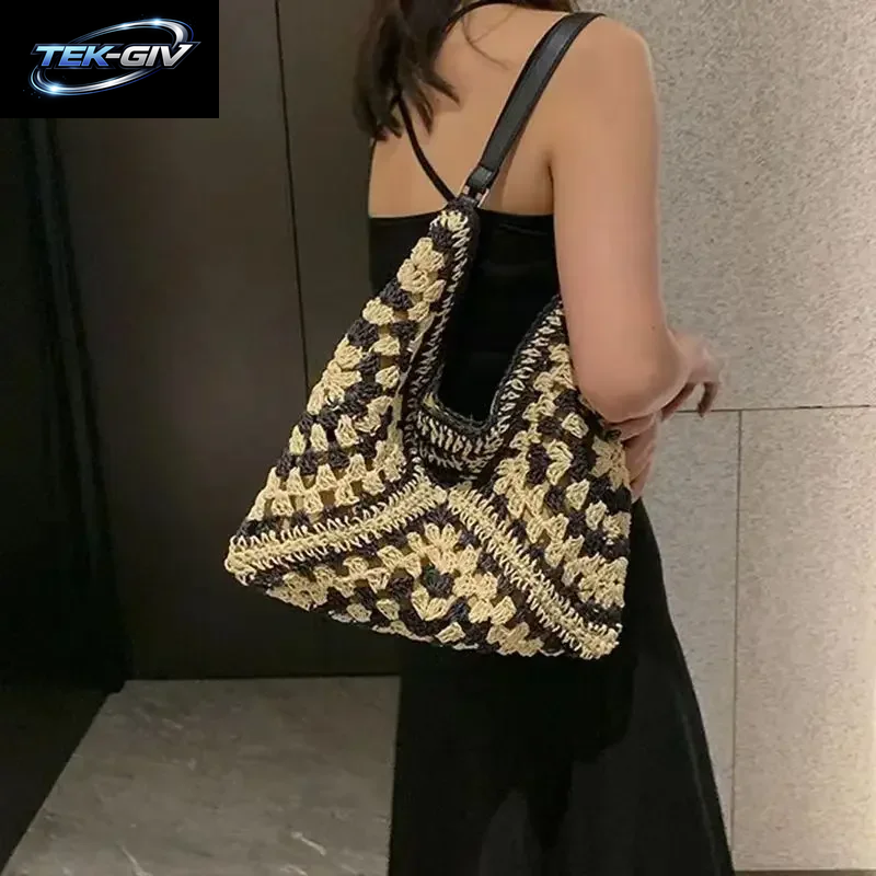 Beliebte Damen-Umhängetasche Aus Gewebtem Stroh, Mittelgroße Handtasche Mit Griff Für Strandurlaub, Große Kapazität, Strandtaschen