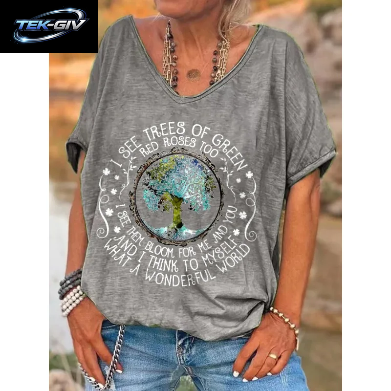 Ilstile Damen-T-Shirt Mit V-Ausschnitt, Hippie-Print „What a Wonderful World“, Sommer-Kurzarm-T-Shirt Für Damen, Oberteile, Lässige T-Shirts