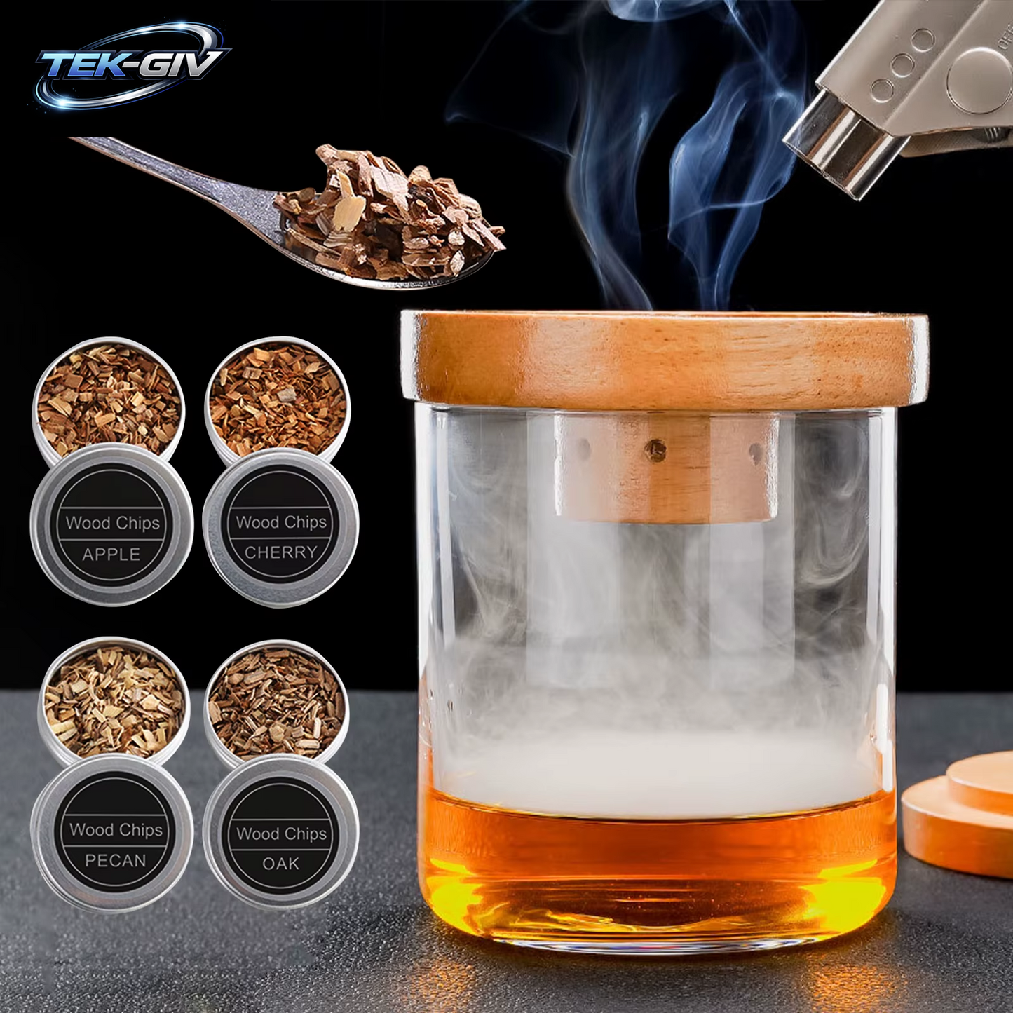 Räucher-Set Mit Glasplatte, Cocktail-Räucher-Set Mit 4 Holzspäne, Barkeeper-Zubehör Für Whisky-Getränke, Raucher-Geschenkset Für Männer