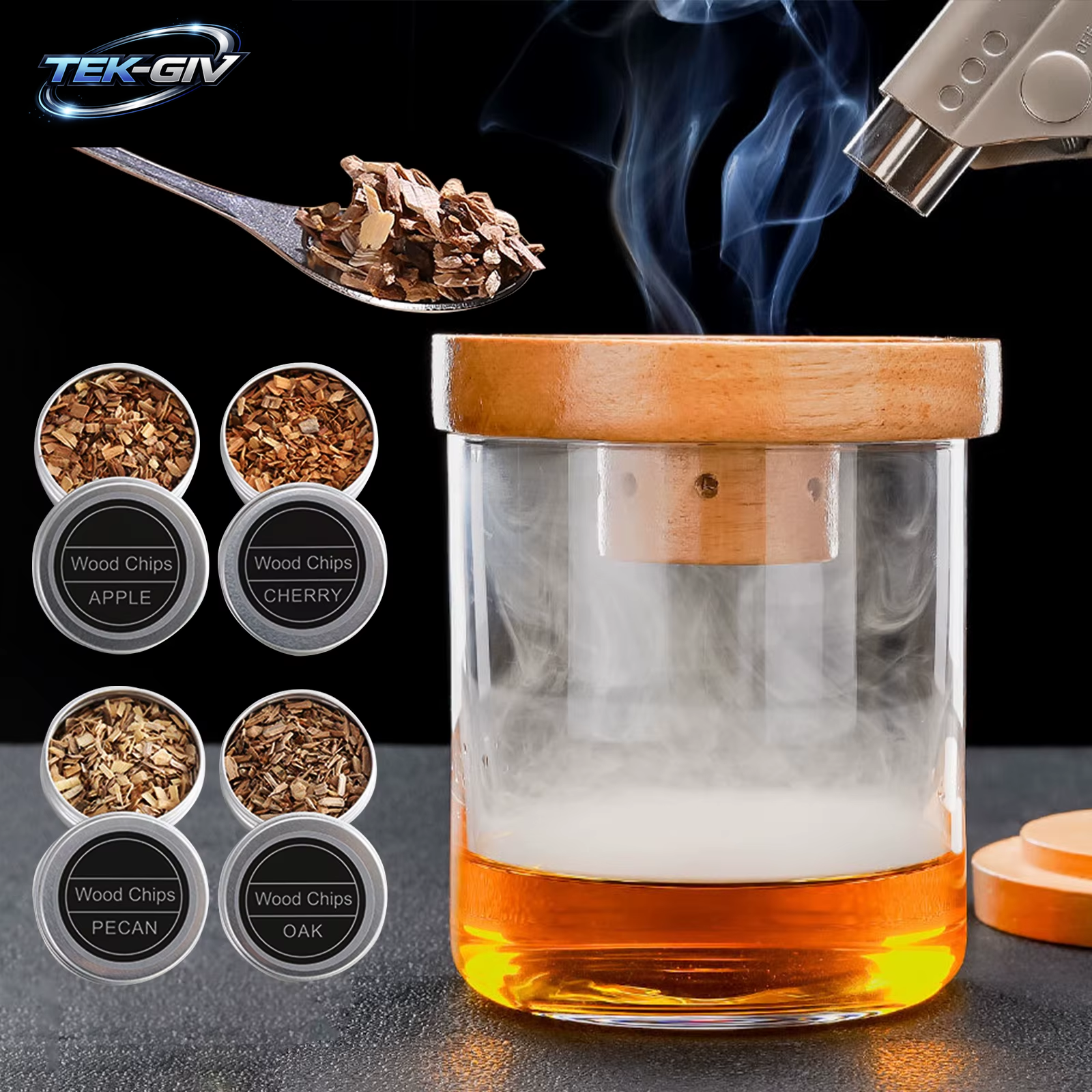 Räucher-Set Mit Glasplatte, Cocktail-Räucher-Set Mit 4 Holzspäne, Barkeeper-Zubehör Für Whisky-Getränke, Raucher-Geschenkset Für Männer