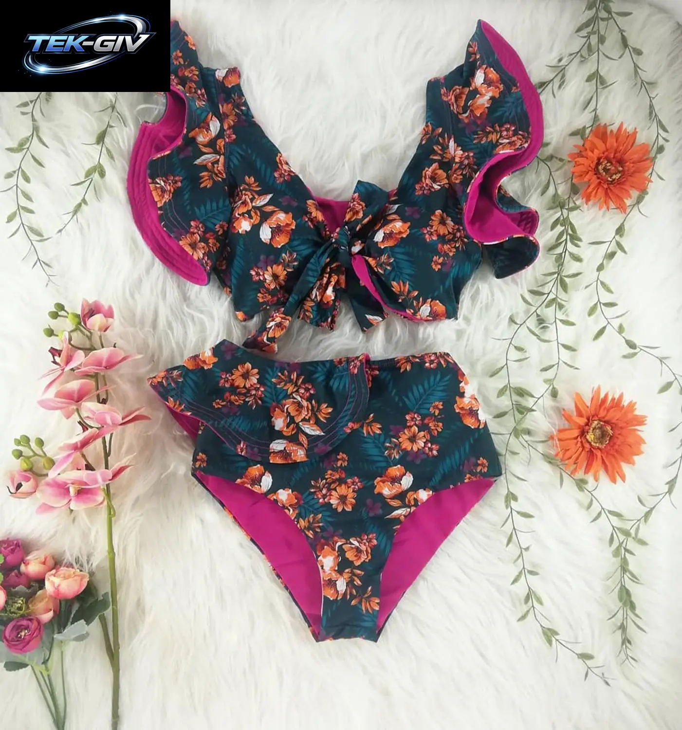 2026 High-Waist Bandage Bikini-Set Für Damen Mit Blumenmuster, Rüschen, Push-Up Und Riemchen – Brasilianischer Biquini Badeanzug