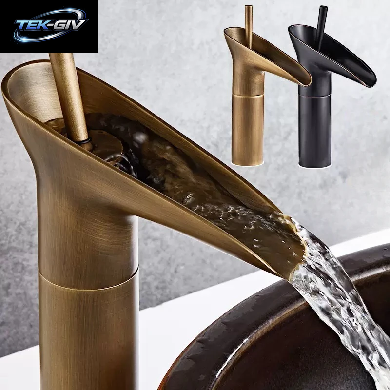 Badezimmerarmatur Einhand-Wasserfall-Waschtischarmatur Messing Antik Warm- Und Kaltwasser Badezimmer-Waschtischmischer Weinglas-Stil Armaturen