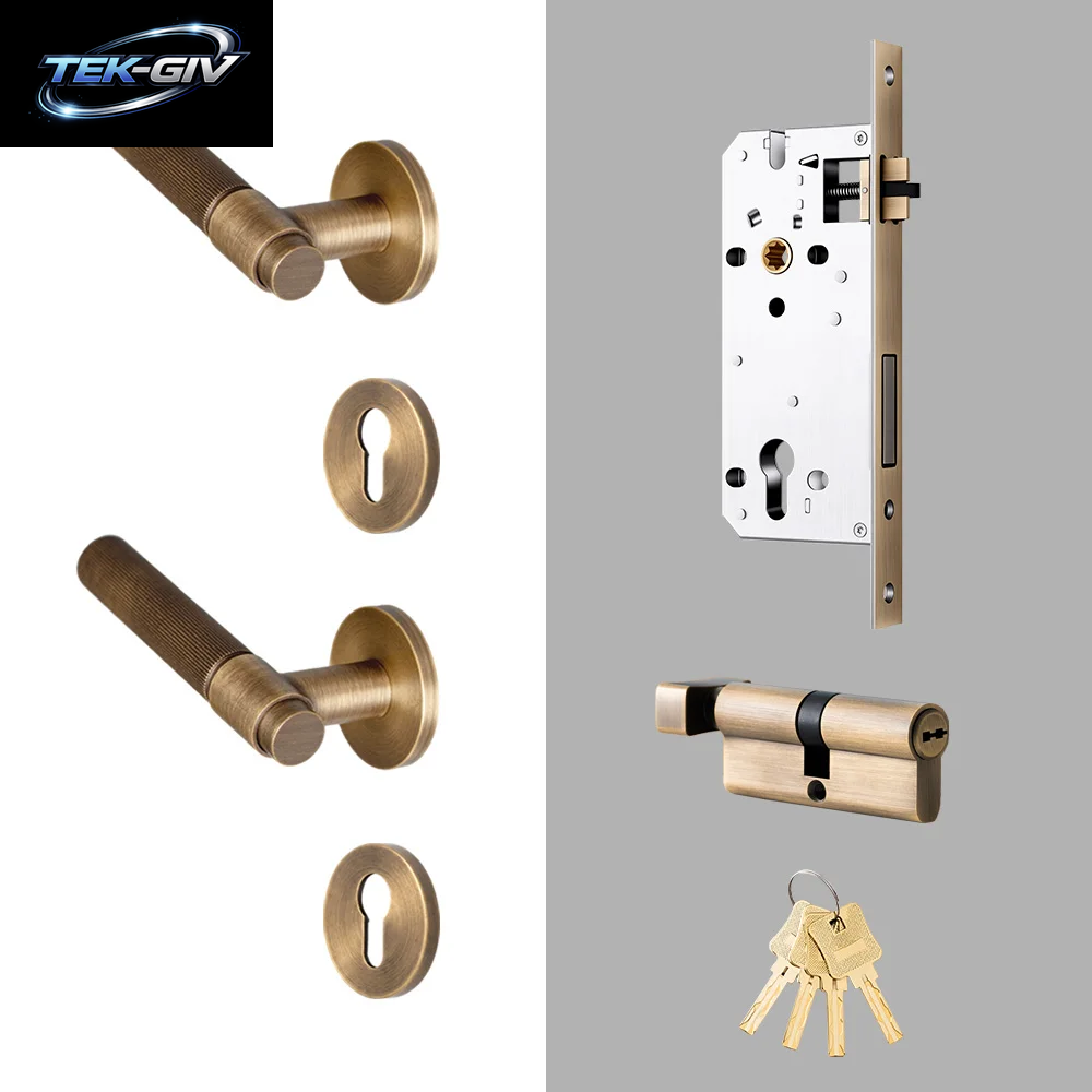 DOOROOM Messing-Türschloss-Set, Modernes Streifenmuster, Antike Bronze, Innentürschloss, Dekoratives Schloss, Privatsphäre-Schloss, Durchgangsschloss