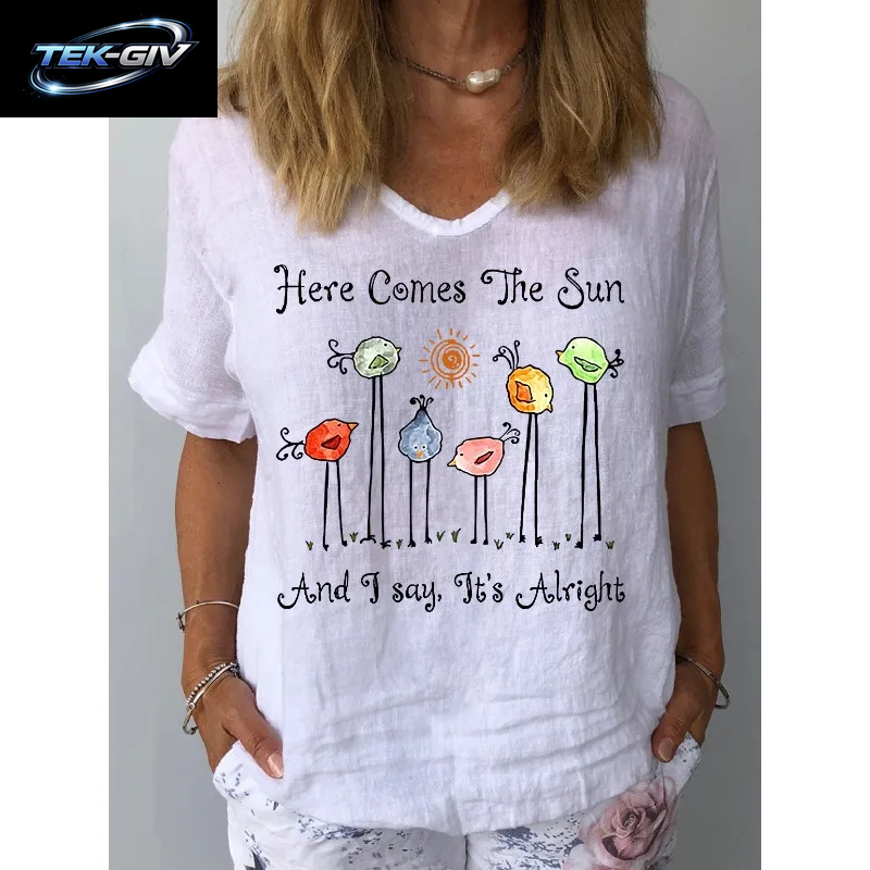 Ilstile Damen-T-Shirts Mit Hippie-Qute-Aufdruck, Sommer, Kurzärmelig, Lässig, Lockerer V-Ausschnitt, Weiße T-Shirts, NEU