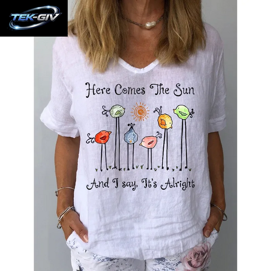 Ilstile Damen-T-Shirts Mit Hippie-Qute-Aufdruck, Sommer, Kurzärmelig, Lässig, Lockerer V-Ausschnitt, Weiße T-Shirts, NEU