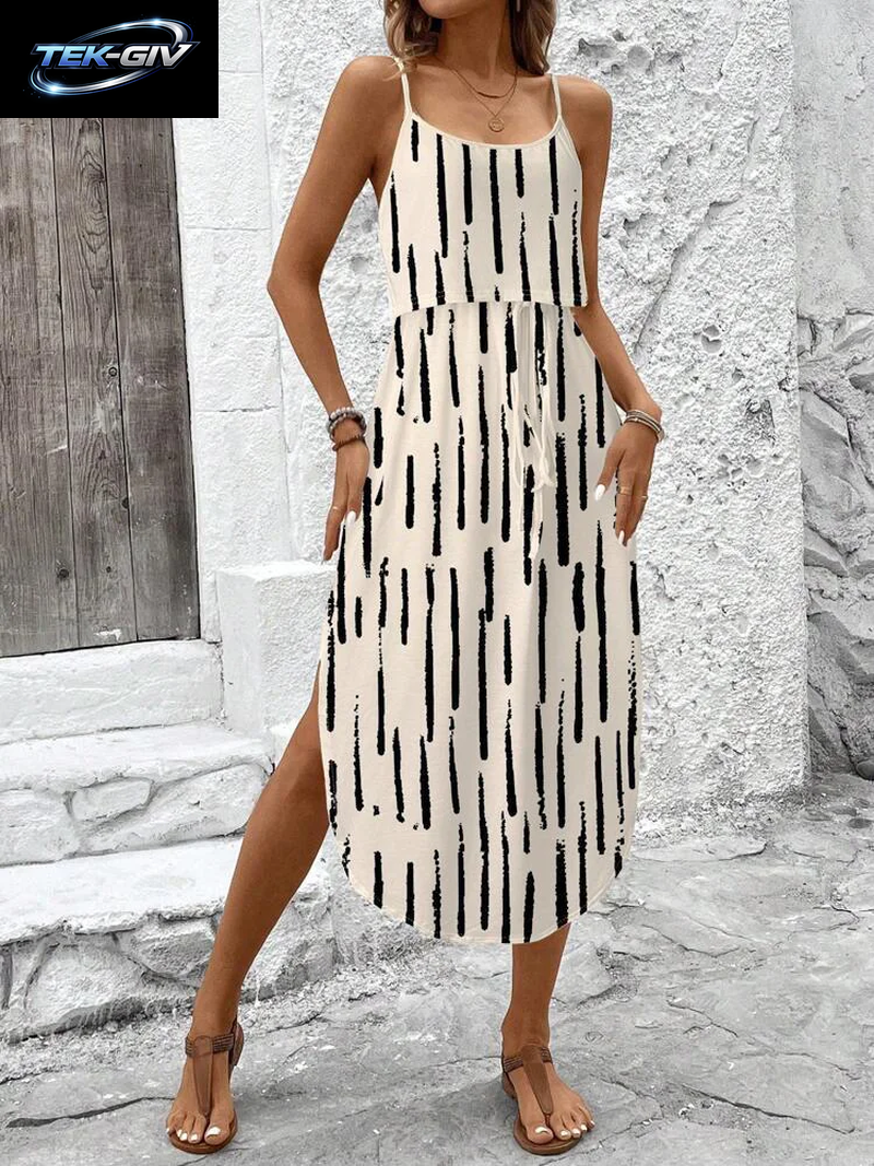 Sommerkleid Mit Spaghettiträgern Für Damen, Gürtel Und Seitenschlitz – Lässiges, Ärmelloses, Fließendes Kleid